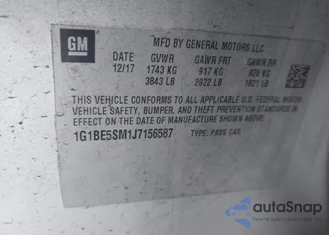 2018 Chevrolet Cruze Lt Auto из США, поврежденный, VIN 1G1BE5SM1J7156587